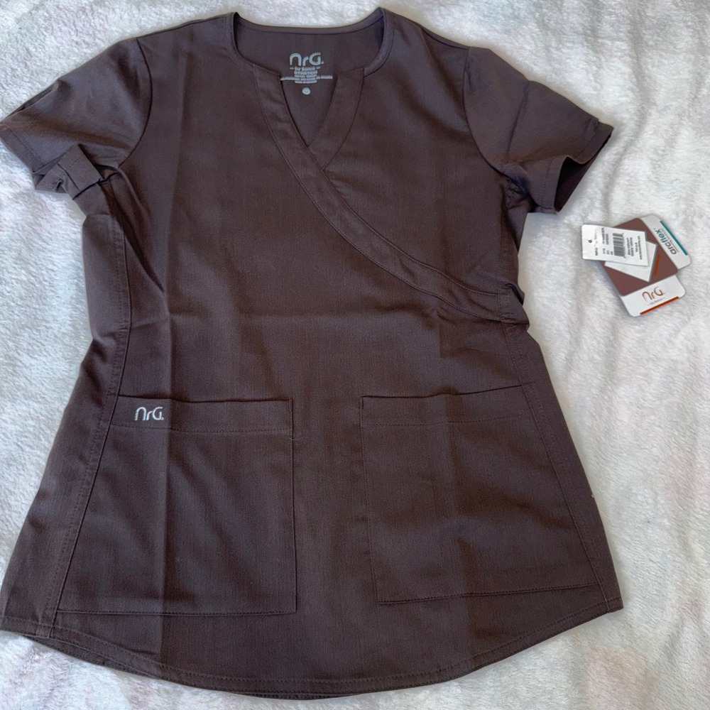 Barco NRG Women Espresso Brown Mock Wrap Scrub Top 3119 XS NWT